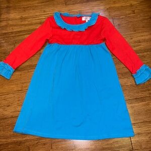 Orange and blue girls long sleeved color block dress 8. Ruffle collar/sleeve